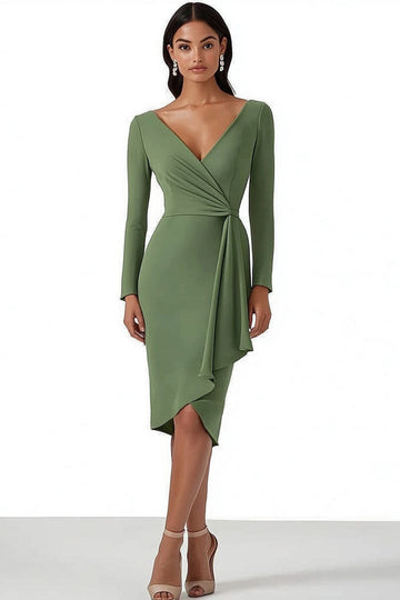 Bodycon Dusty Sage Long Sleeves Midi Work Dress with Ruffles